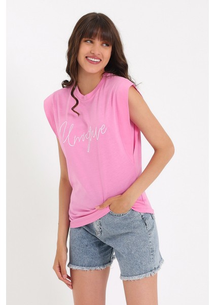 Nakışlı Kolsuz Basic Örme T-Shirt AD-Y38648WYZ