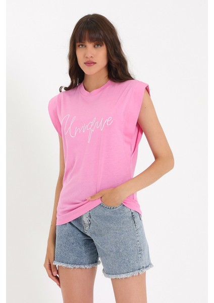 Nakışlı Kolsuz Basic Örme T-Shirt AD-Y38648WYZ