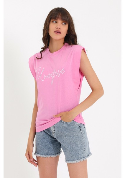 Nakışlı Kolsuz Basic Örme T-Shirt AD-Y38648WYZ