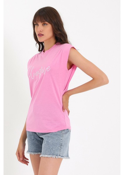 Nakışlı Kolsuz Basic Örme T-Shirt AD-Y38648WYZ