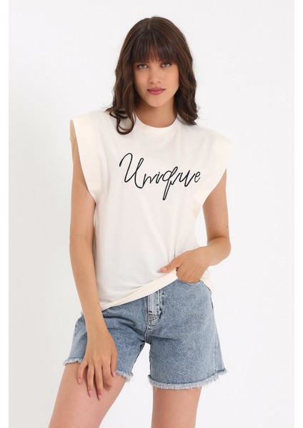 Nakışlı Kolsuz Basic Örme T-Shirt AD-Y38648WYZ