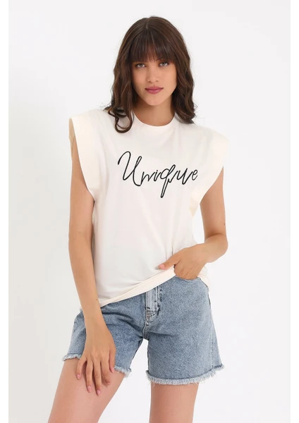 Nakışlı Kolsuz Basic Örme T-Shirt AD-Y38648WYZ