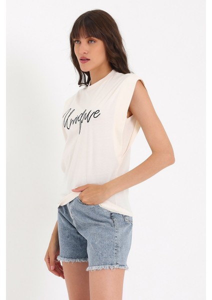 Nakışlı Kolsuz Basic Örme T-Shirt AD-Y38648WYZ