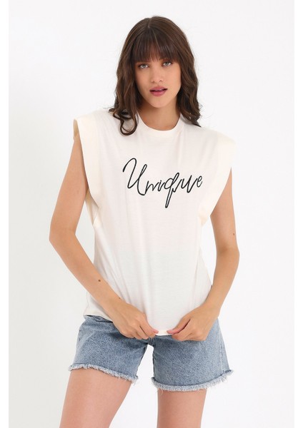 Nakışlı Kolsuz Basic Örme T-Shirt AD-Y38648WYZ