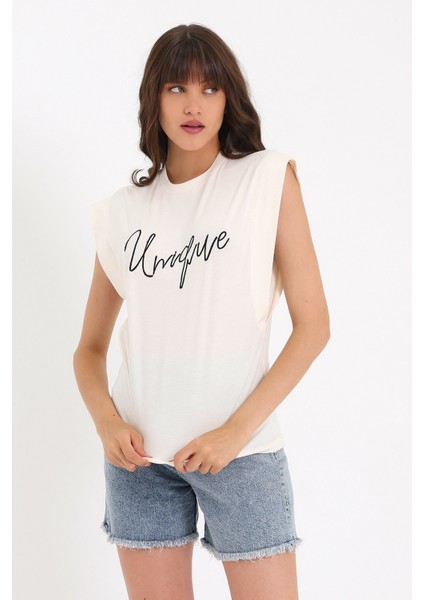 Nakışlı Kolsuz Basic Örme T-Shirt AD-Y38648WYZ