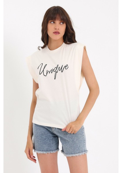 Nakışlı Kolsuz Basic Örme T-Shirt AD-Y38648WYZ