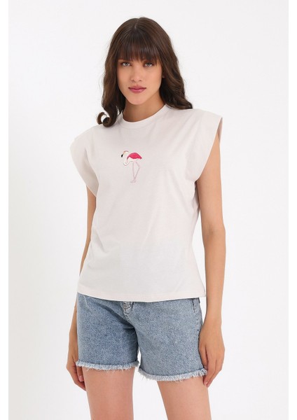 Nakışlı Kolsuz Basic Örme T-Shirt AD-Y38649WYZ