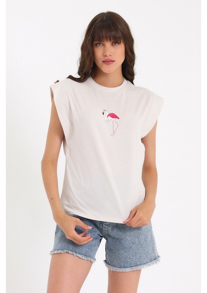 Nakışlı Kolsuz Basic Örme T-Shirt AD-Y38649WYZ