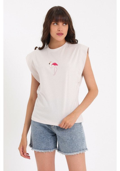 Nakışlı Kolsuz Basic Örme T-Shirt AD-Y38649WYZ