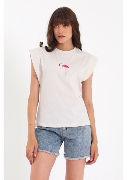 Nakışlı Kolsuz Basic Örme T-Shirt AD-Y38649WYZ