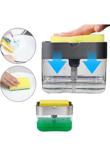 Ikisi Bir Arada Basmalı Pratik Sıvı Sabunluk Pompası ve Bulaşık Yıkama Süngeri Haznesi-