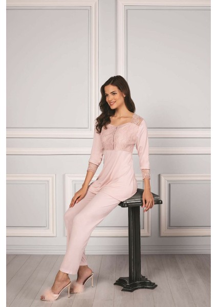 Kadın Penye Dantelli Pijama Takımı 1241 Pudra