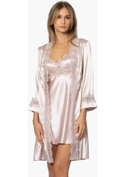 6'lı Saten Gecelik Sabahlık Çeyiz Seti 6010 Pudra