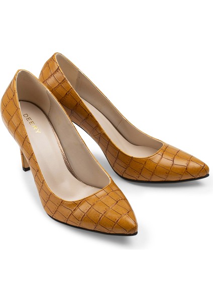 Sarı Kroko Stiletto Kadın Topuklu Ayakkabı