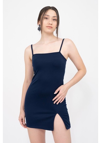 Kadın Lacivert Askılı Yırtmaçlı Mini Elbise