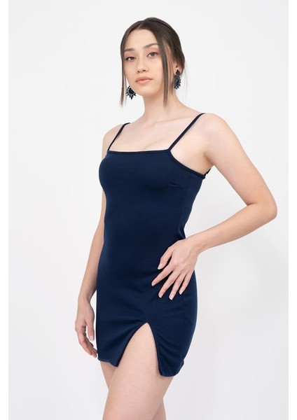 Kadın Lacivert Askılı Yırtmaçlı Mini Elbise modelleri