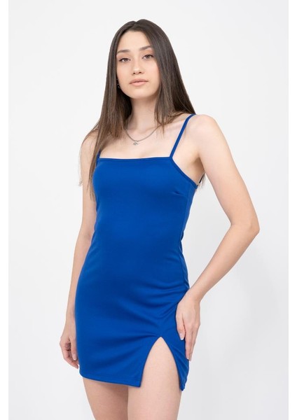 Kadın Saks Mavi Askılı Yırtmaçlı Mini Elbise