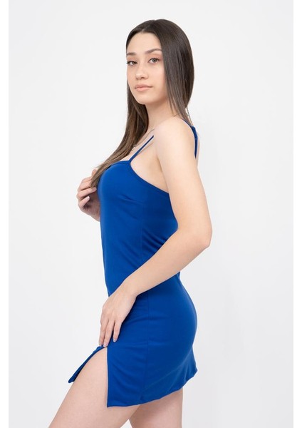 Kadın Saks Mavi Askılı Yırtmaçlı Mini Elbise fiyatları