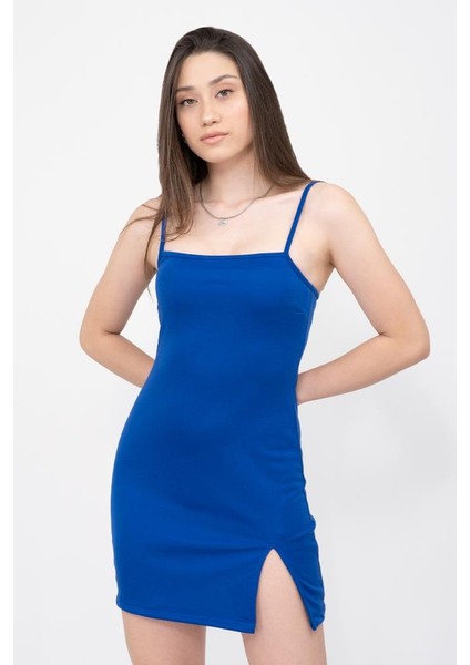Kadın Saks Mavi Askılı Yırtmaçlı Mini Elbise modelleri