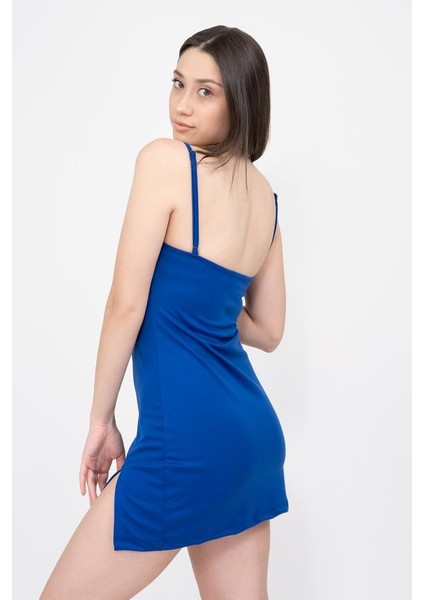 Kadın Saks Mavi Askılı Yırtmaçlı Mini Elbise fırsatları