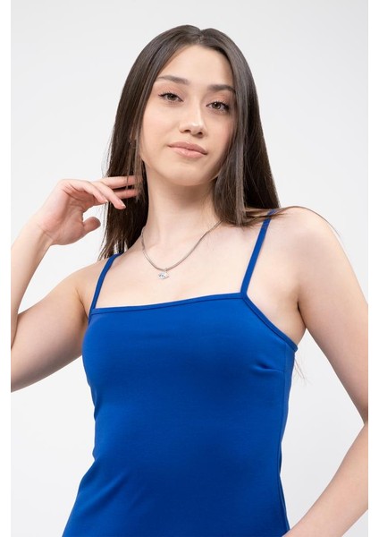 Kadın Saks Mavi Askılı Yırtmaçlı Mini Elbise indirimleri