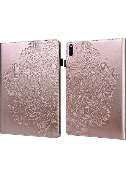 Huawei Matepad Için Çiçek Desen Baskılı Deri Cüzdan Tablet Kılıfı - Pembe (Yurt Dışından)