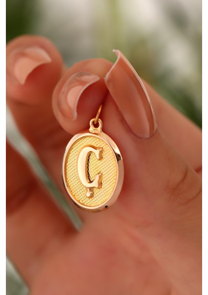 14 Ayar Altın Ç Harfi Nostalji Oval Kolye Ucu