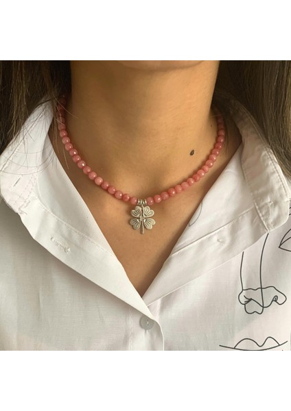 Faset Kesim Pembe Opal Doğal Taşlı Gümüş Kaplama Yonca Uçlu El Yapımı Kolye modelleri