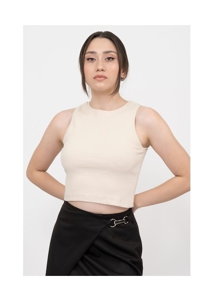 Kadın Siyah Fitilli Super Crop Örme Atlet