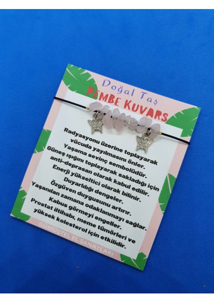 Pembe Kuvars Doğal Taş Bileklik Kelebek Detaylı Orijinal Doğal Taş