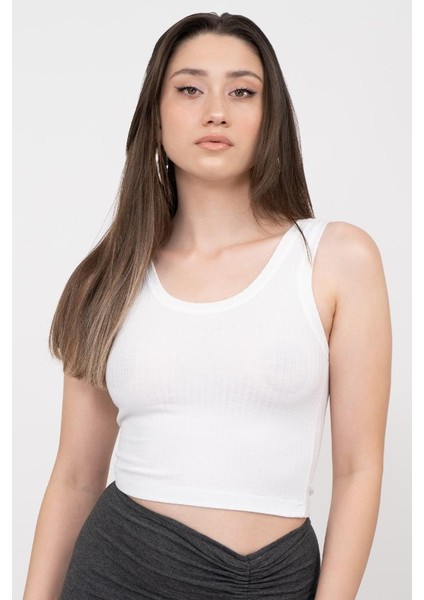 Kadın Beyaz Transparan Basic Fitilli Crop Örme Atlet