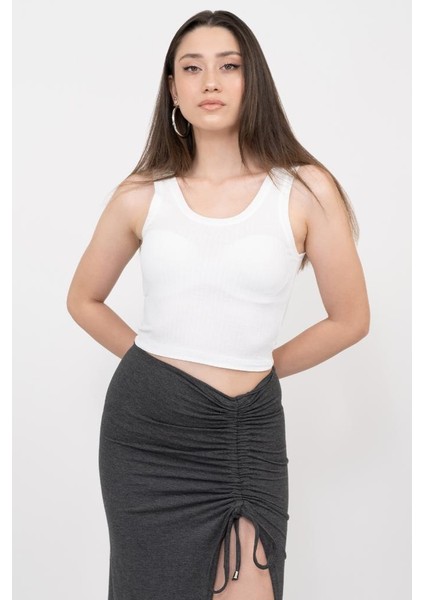 Kadın Beyaz Transparan Basic Fitilli Crop Örme Atlet
