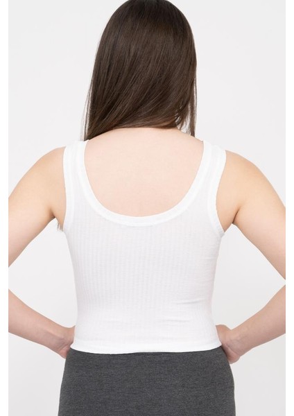 Kadın Beyaz Transparan Basic Fitilli Crop Örme Atlet