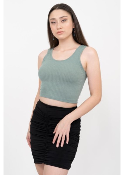 Kadın Yeşil Basic Fitilli Crop Örme Atlet