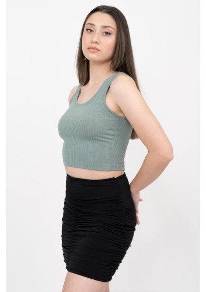 Kadın Yeşil Basic Fitilli Crop Örme Atlet