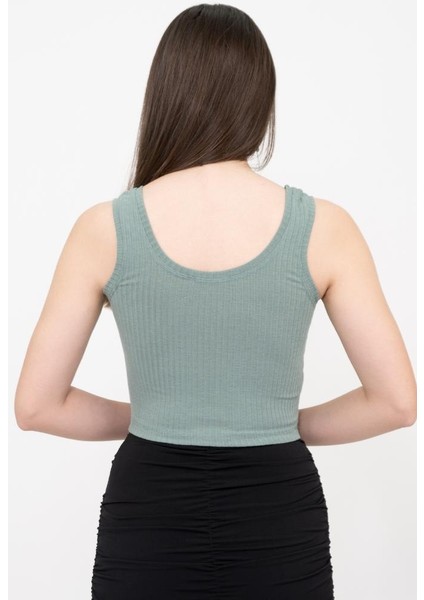 Kadın Yeşil Basic Fitilli Crop Örme Atlet