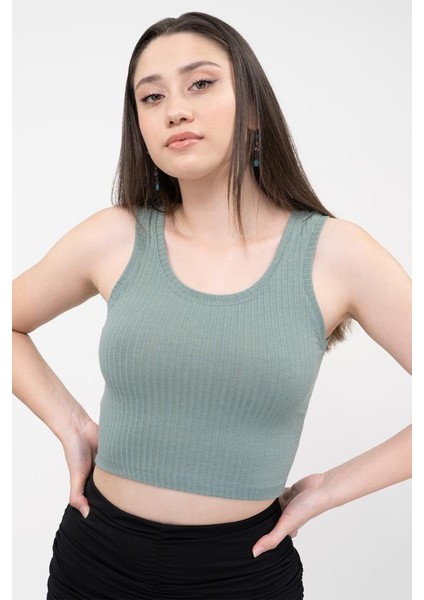 Kadın Yeşil Basic Fitilli Crop Örme Atlet