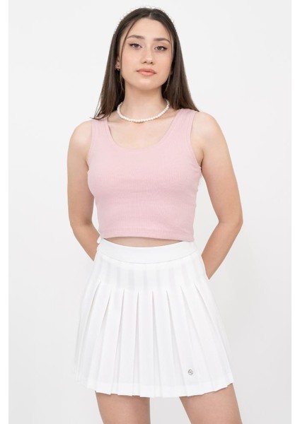 Kadın Pembe Basic Fitilli Crop Örme Atlet