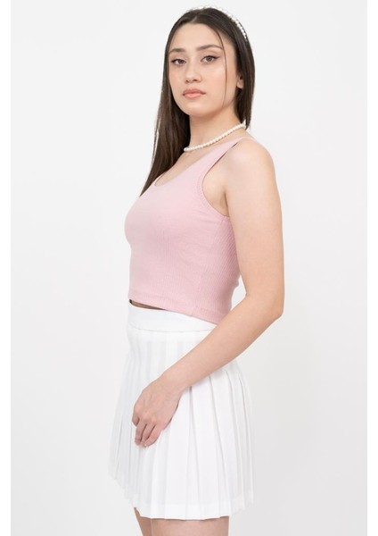 Kadın Pembe Basic Fitilli Crop Örme Atlet