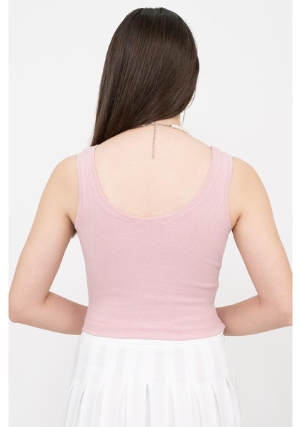 Kadın Pembe Basic Fitilli Crop Örme Atlet