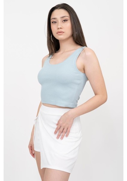 Kadın Açık Mavi Basic Fitilli Crop Örme Atlet