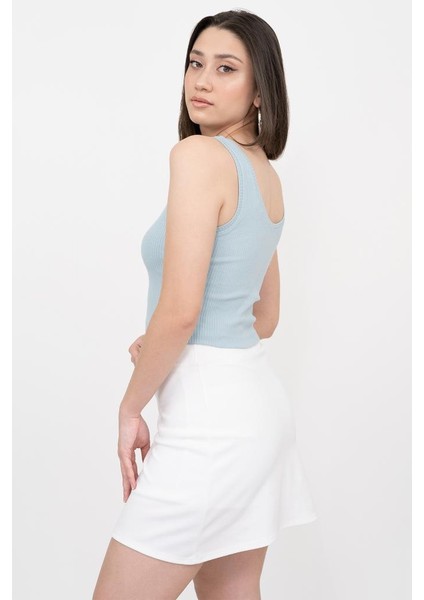 Kadın Açık Mavi Basic Fitilli Crop Örme Atlet