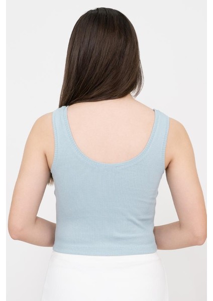 Kadın Açık Mavi Basic Fitilli Crop Örme Atlet