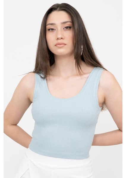 Kadın Açık Mavi Basic Fitilli Crop Örme Atlet