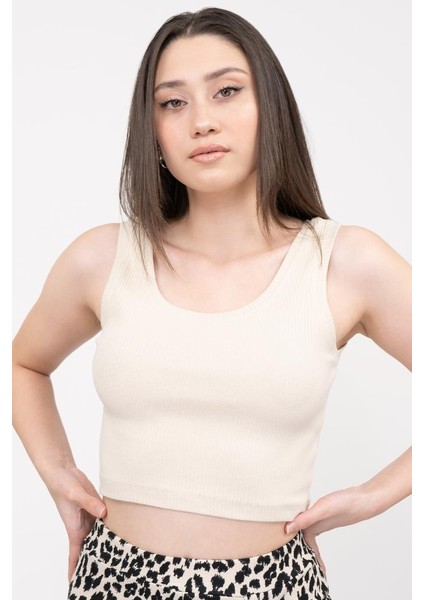 Kadın Bej Basic Fitilli Crop Örme Atlet