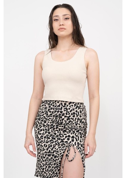 Kadın Bej Basic Fitilli Crop Örme Atlet