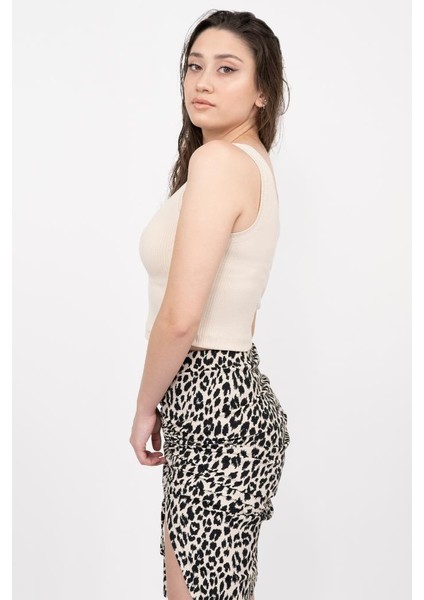 Kadın Bej Basic Fitilli Crop Örme Atlet
