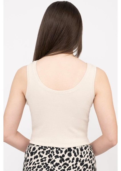 Kadın Bej Basic Fitilli Crop Örme Atlet
