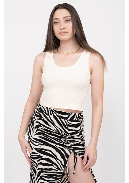 Kadın Ekru Basic Fitilli Crop Örme Atlet