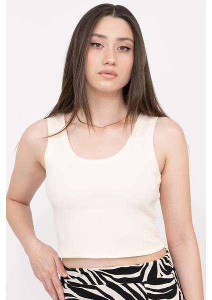 Kadın Ekru Basic Fitilli Crop Örme Atlet